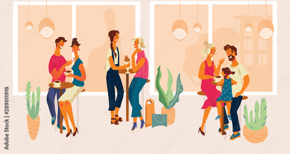 People in cafe or cafeteria in shopping mall - drinking coffee, talking and resting after shopping. Couples, friends and family spending time together. Flat cartoon vector illustration.