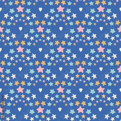 Star rainbow seamless repeat pattern with hearts. A sweet hand drawn vector design ideal for children and baby projects.