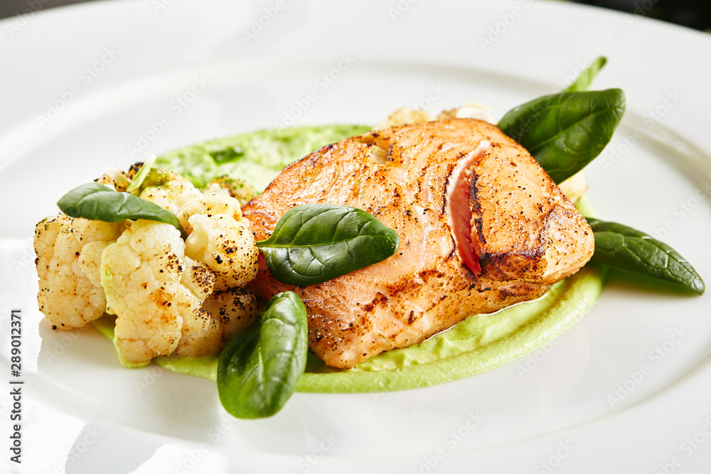 Fillet of Salmon 48 Degrees, Green Peas Cream and Burnt Cauliflower Fillet of Salmon 48 Degrees, Green Peas Cream and Burnt Cauliflower