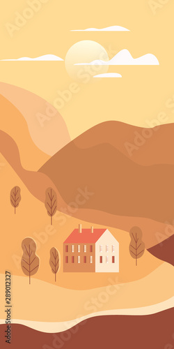 Landscape rural suburban traditional buildings  hills and trees mountains