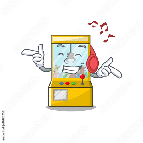Listening music crane game mascot on a cartoon