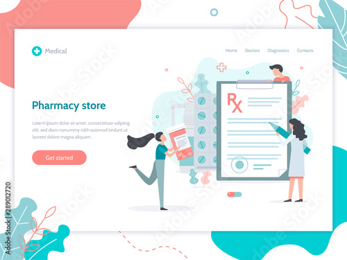 Medical concept. Pharmacy store. Female doctor writes prescription. Web banner design template. Flat vector illustration.
