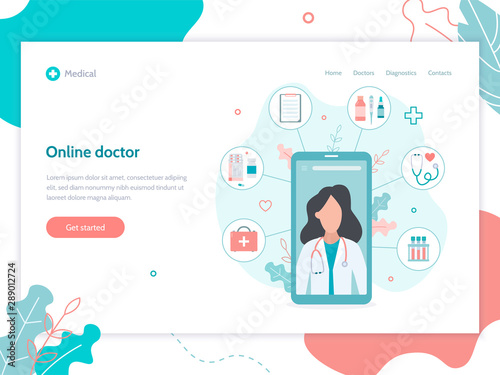 Online doctor service. Web page design template. Flat vector illustration.