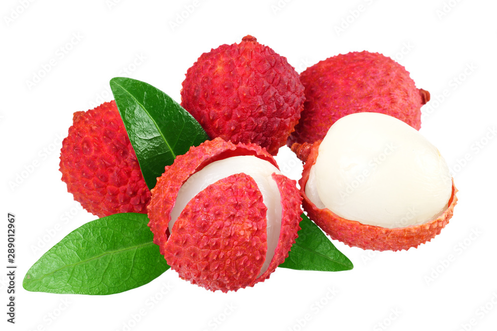 Fresh lychee with leaves isolated on white background. Fresh lychee with leaves isolated on white background.