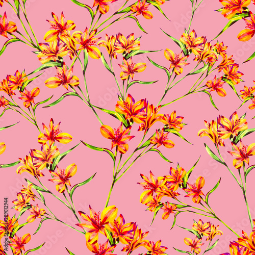 Fototapeta Naklejka Na Ścianę i Meble -  Pink watercolor floral seamless pattern