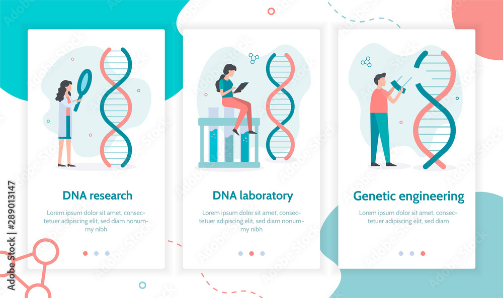 DNA research and genetic engineering. Onboarding screens template for mobile applications and websites. Flat vector illustration. DNA research and genetic engineering. Onboarding screens template for mobile applications and websites. Flat vector illustration.