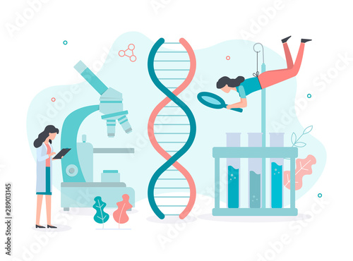 Scientists examine the genome in a research laboratory. DNA research concept. Flat vector illustration.