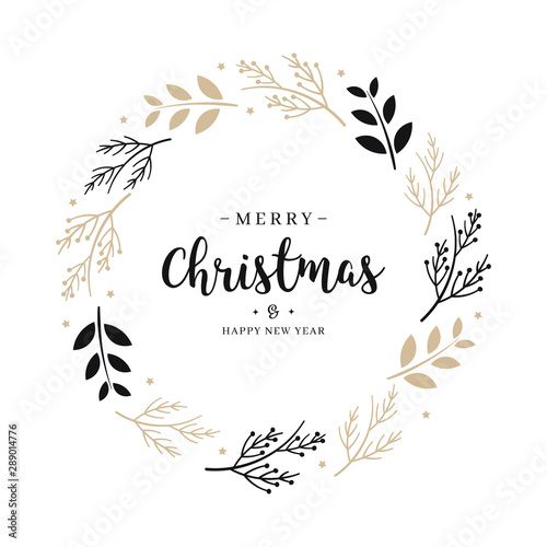 Merry Christmas greeting text branch  wreath circle isolated background
