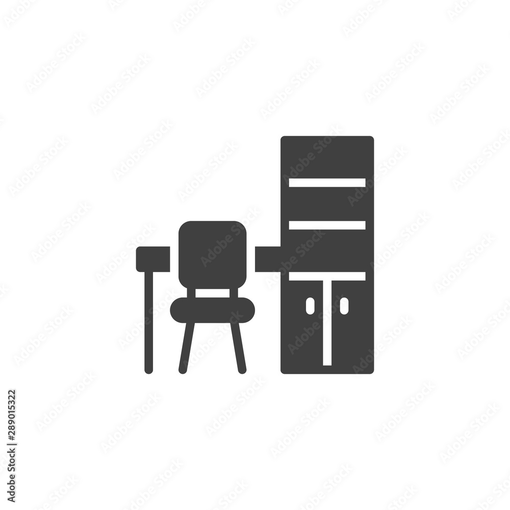 Office workspace desk vector icon. filled flat sign for mobile concept and web design. Computer table with chair and cupboard glyph icon. Symbol, logo illustration. Vector graphics Office workspace desk vector icon. filled flat sign for mobile concept and web design. Computer table with chair and cupboard glyph icon. Symbol, logo illustration. Vector graphics