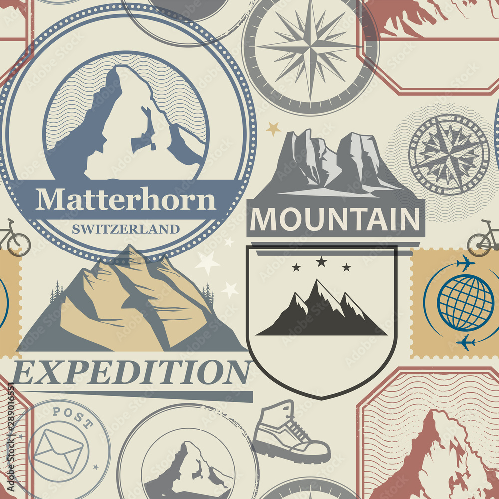 Naklejka premium Mountain adventure stamps seamless pattern