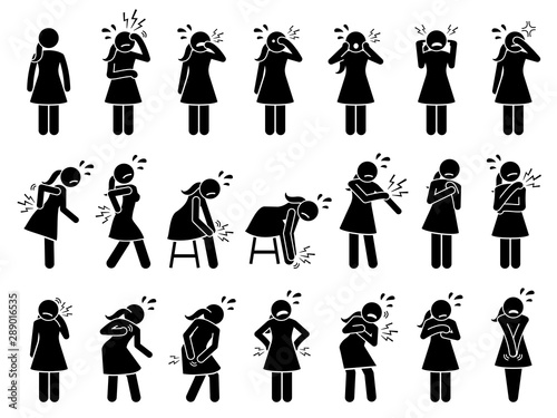 Woman having pain and aches in different parts of the body. Stick figure pictogram icons depict girl with pain, injury, sore muscles, soreness, strain, discomfort, spinal issue, and spine problem.