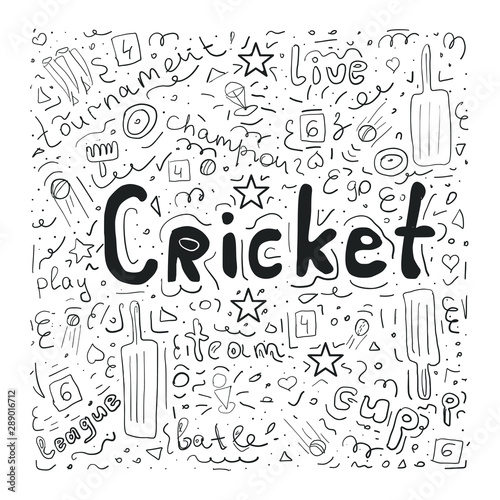 illustration of cricket championship sports. Hand drawn doodle with cricket elements. black line vector illustration isolated on white background 