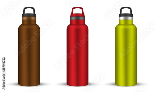 Glossy color metal water bottle with carry handle, realistic vector illustration. Drinking reusable flask for hot or cold beverages, template. Easy to recolor