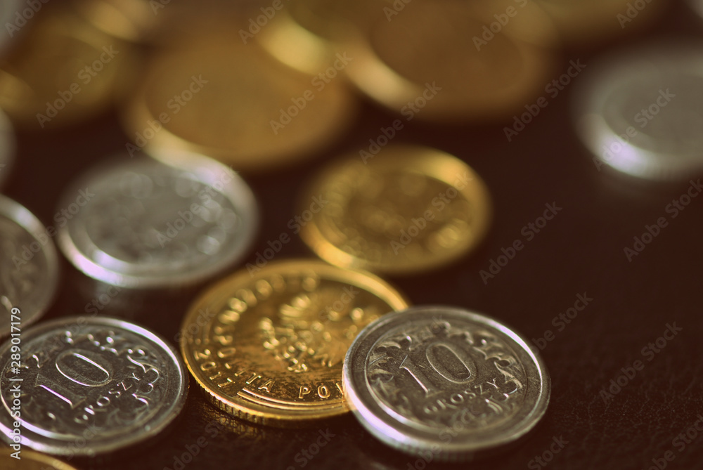 Polish coins scattered on a dark background close up. Retro style Polish coins scattered on a dark background close up. Retro style