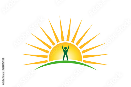 Winner People in sunshine morning logo. Hope and strength concept