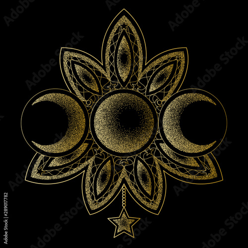 Triple moon magic and astronomy golden vecor symbol