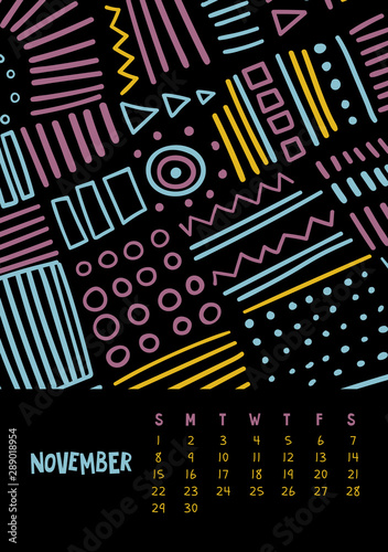November. Vector colorful monthly calendar for 2020 year with abstract marker doodle.