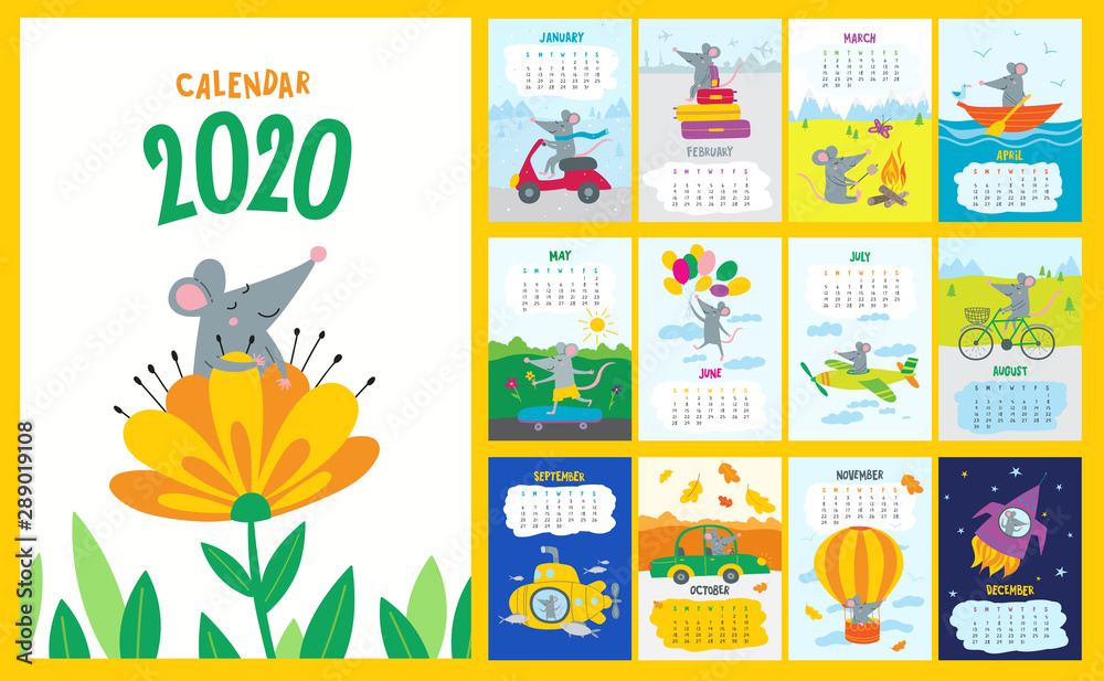 Vector colorful monthly calendar with a cute rat - a Chinese symbol of ...