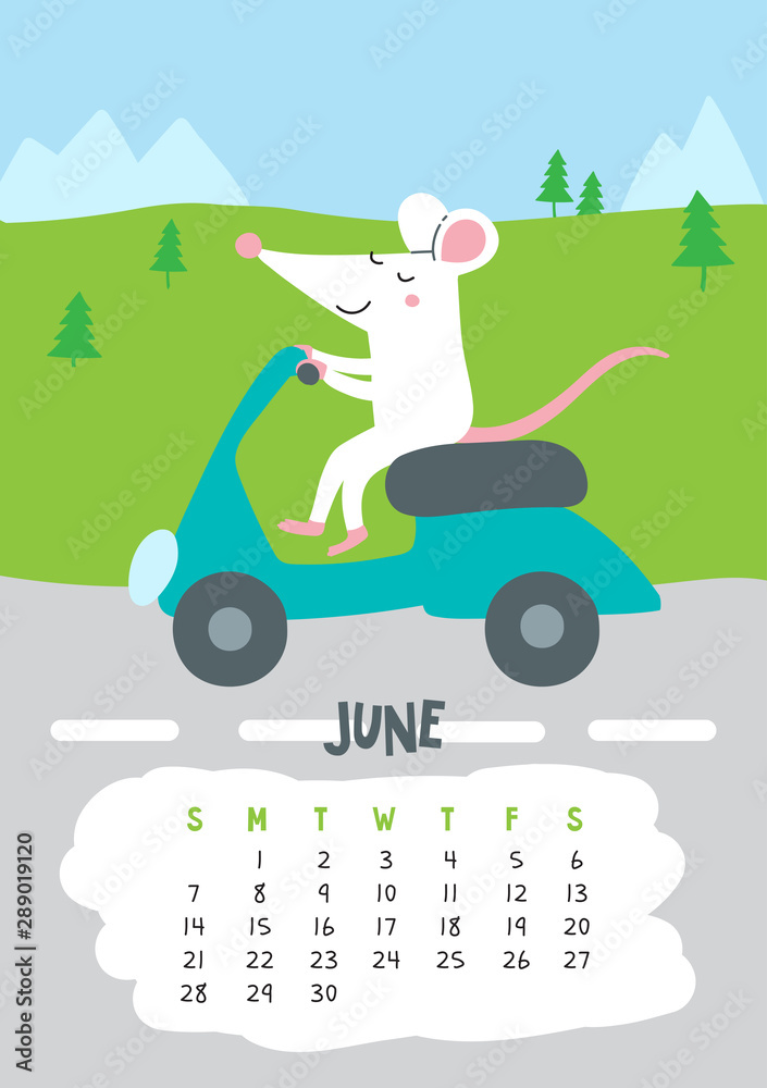 June. Vector calendar page with cute rat in travel - Chinese symbol of 2020 year