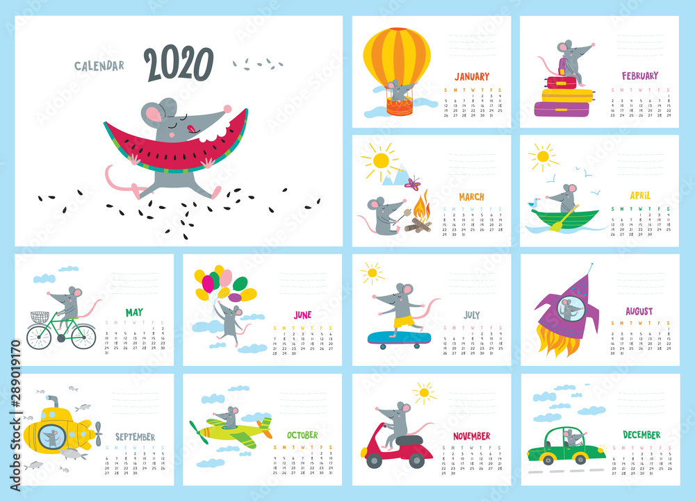 Vector colorful monthly calendar with a cute rat - a Chinese symbol of the 2020 year