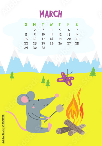 March. Vector calendar page with cute rat in camping - Chinese symbol of 2020