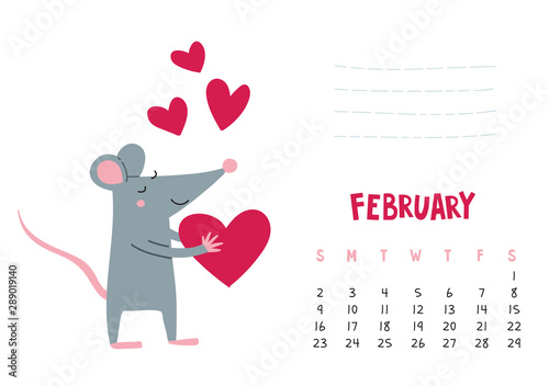 February. Vector calendar page with cute rat with heart - Chinese symbol of 2020