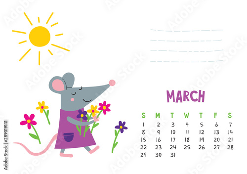 March. Vector calendar page with cute rat with flowers - Chinese symbol of 2020