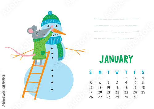 January. Vector calendar page with cute rat make snowman - Chinese symbol