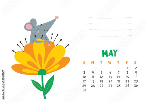 May. Vector calendar page with cute rat in blooming flower