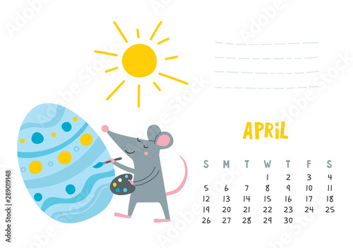 April. Vector calendar page with cute rat decorate easter egg