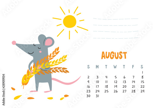 August. Vector calendar page with cute rat with harvest
