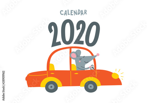 Vector calendar cover with cute rat travel by car - Chinese symbol of 2020 year