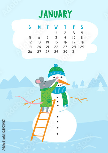 January. Vector calendar page with cute rat make snowman