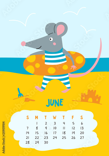 June. Vector calendar page with cute rat at beach - Chinese symbol of 2020