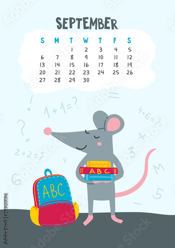 September. Vector calendar page with cute rat back to school - Chinese symbol