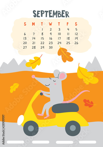 September. Vector calendar page with cute rat riding scooter