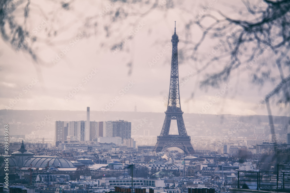 image in retro style , view of Paris panorama 
