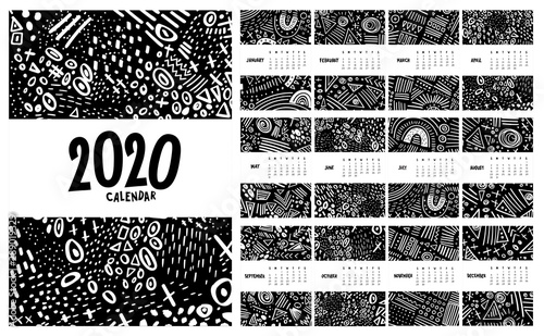 Vector colorful monthly calendar for 2020 year with abstract marker doodle.