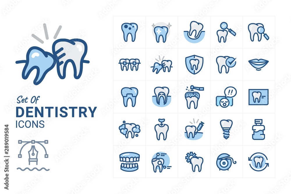 Vector set of flat graphic icon, line, contour, thin design. Dental