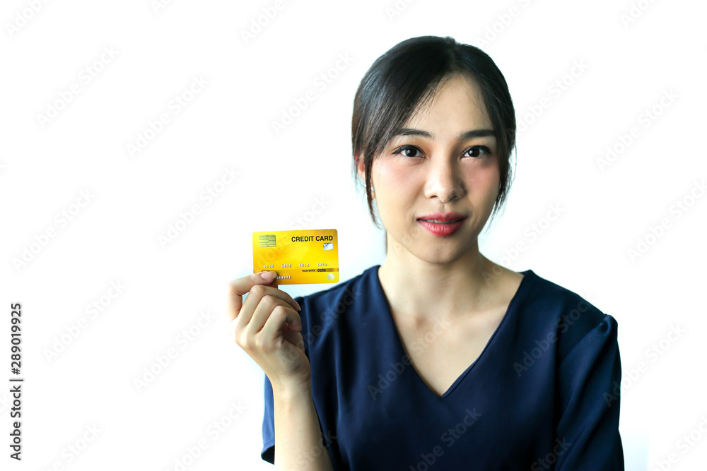 Portrait Asia smiling woman with credit card in hand,happy to have money concept. Portrait Asia smiling woman with credit card in hand,happy to have money concept.