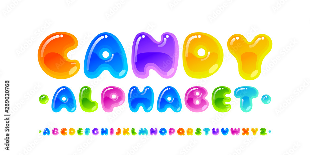 Candy font. Transparent glossy multicolored vector uppercase alphabet isolated on white background