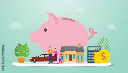 family savings financial management plan with piggy bank and small family parents with modern flat style - vector