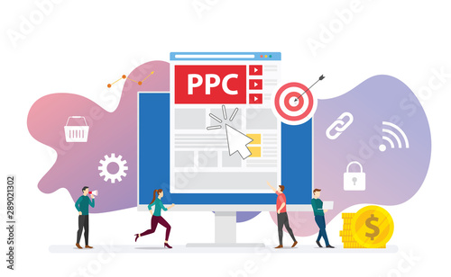 ppc pay per click technology advertising or advertisement concept with team people and clicks icon modern flat style - vector