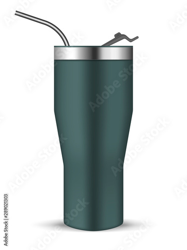 Tumbler cup with flip lid and metal drinking straw, realistic vector mockup. Stainless steel insulated bottle, mock-up. Travel thermo mug, template
