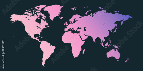 Colorful vector world map. North and South America, Asia, Europe, Africa, Australia. 