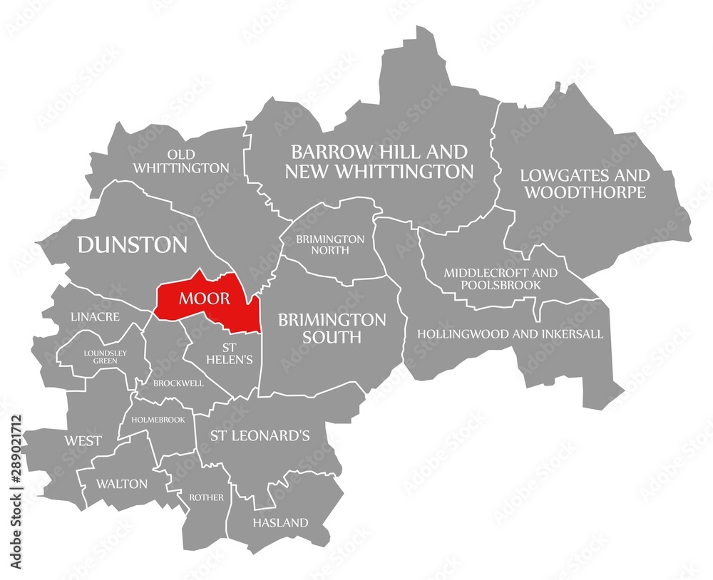 Moor red highlighted in map of Chesterfield district in East Midlands England UK