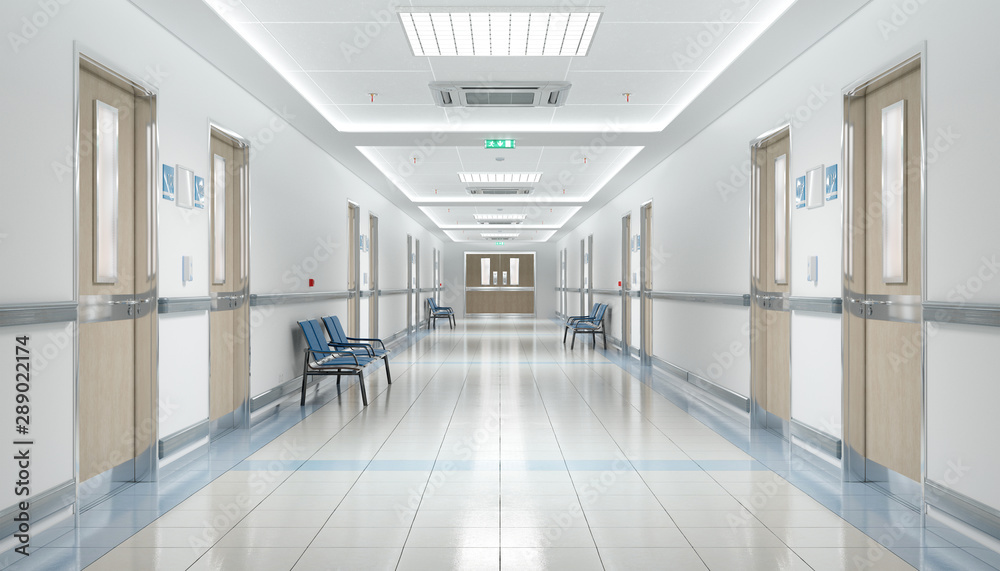 Quadro su tela Long hospital bright corridor with rooms and seats 3D rendering