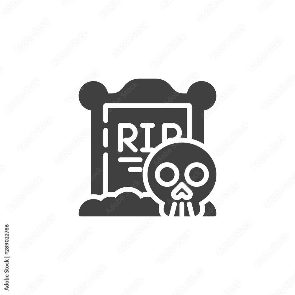 Tombstone with a skull vector icon. filled flat sign for mobile concept and web design. Halloween gravestone and skeleton glyph icon. Symbol, logo illustration. Vector graphics Tombstone with a skull vector icon. filled flat sign for mobile concept and web design. Halloween gravestone and skeleton glyph icon. Symbol, logo illustration. Vector graphics