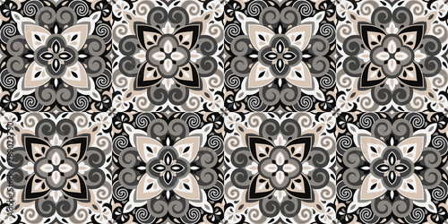 Azulejos ceramic tile design. Talavera tracery motif. Unique creative endless fill swatch. Portuguese, Spanish, Mexican, Brazilian folklore ornament. Ethnic style vector hand drawn seamless pattern.
