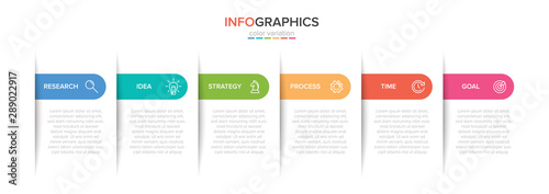 Concept of arrow business model with 6 successive steps. Five colorful rectangular elements. Timeline design for brochure, presentation. Infographic design layout.